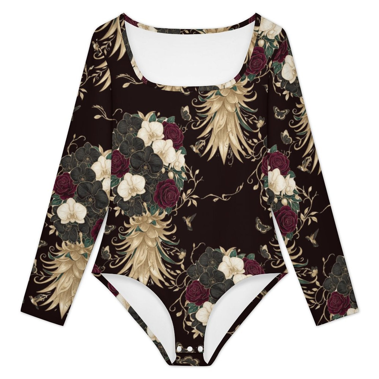 Square Floral Pineapple Long Sleeve Jumpsuit | Women’s Bodysuit
