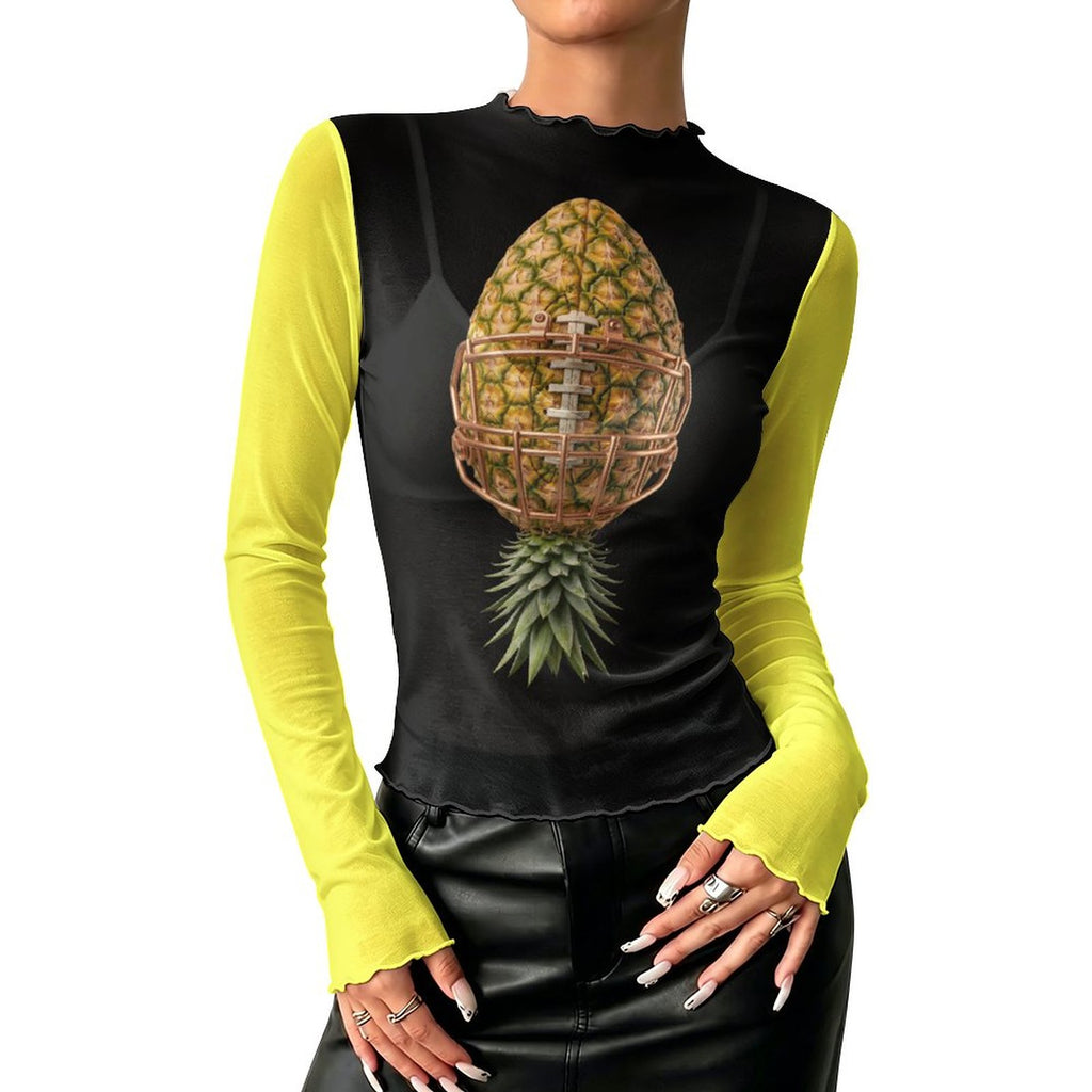Pineapple Football High Neck Mesh Top For Women
