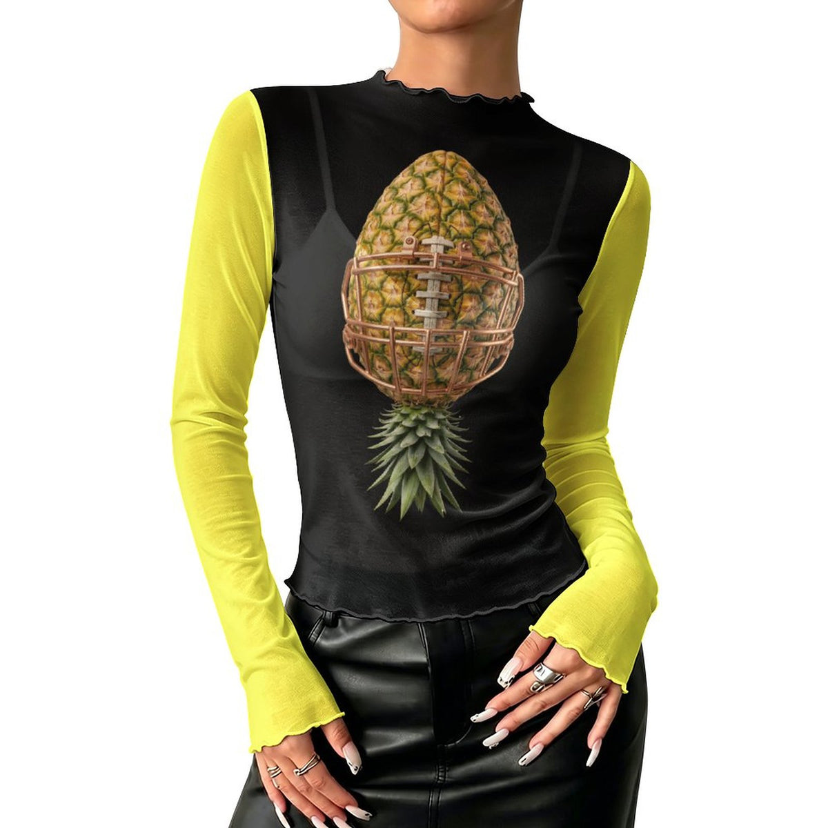 Pineapple Football High Neck Mesh Top For Women