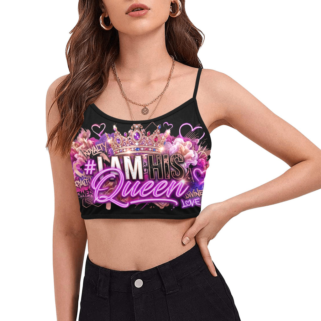 Woman wearing a crop top in black with a graphic #IAMHISQUEEN graphic on the chest.