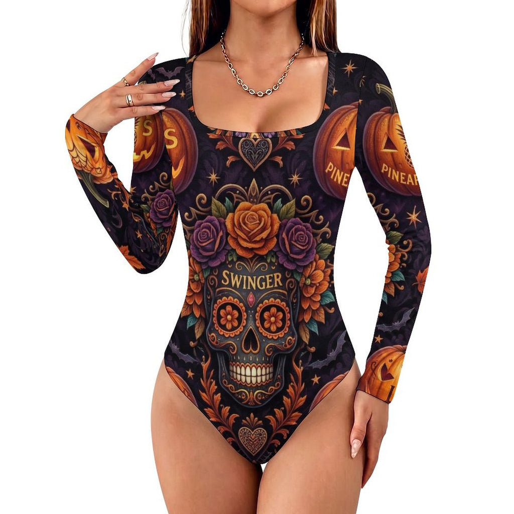 Swinger Halloween Square Neck Long Sleeve Bodysuit Jumpsuit for Women