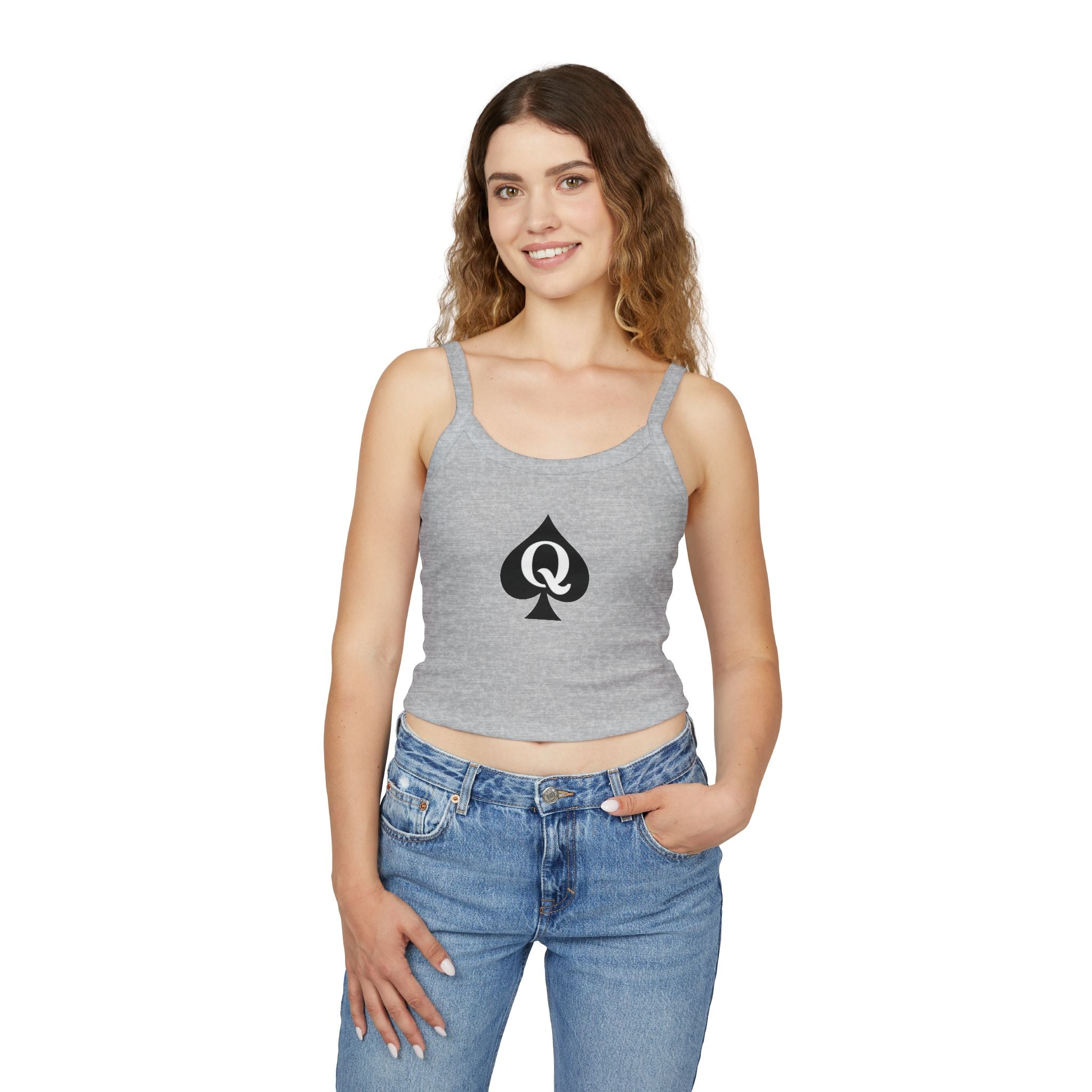 Woman wearing a gray tank top with a black spade symbol design on a white background