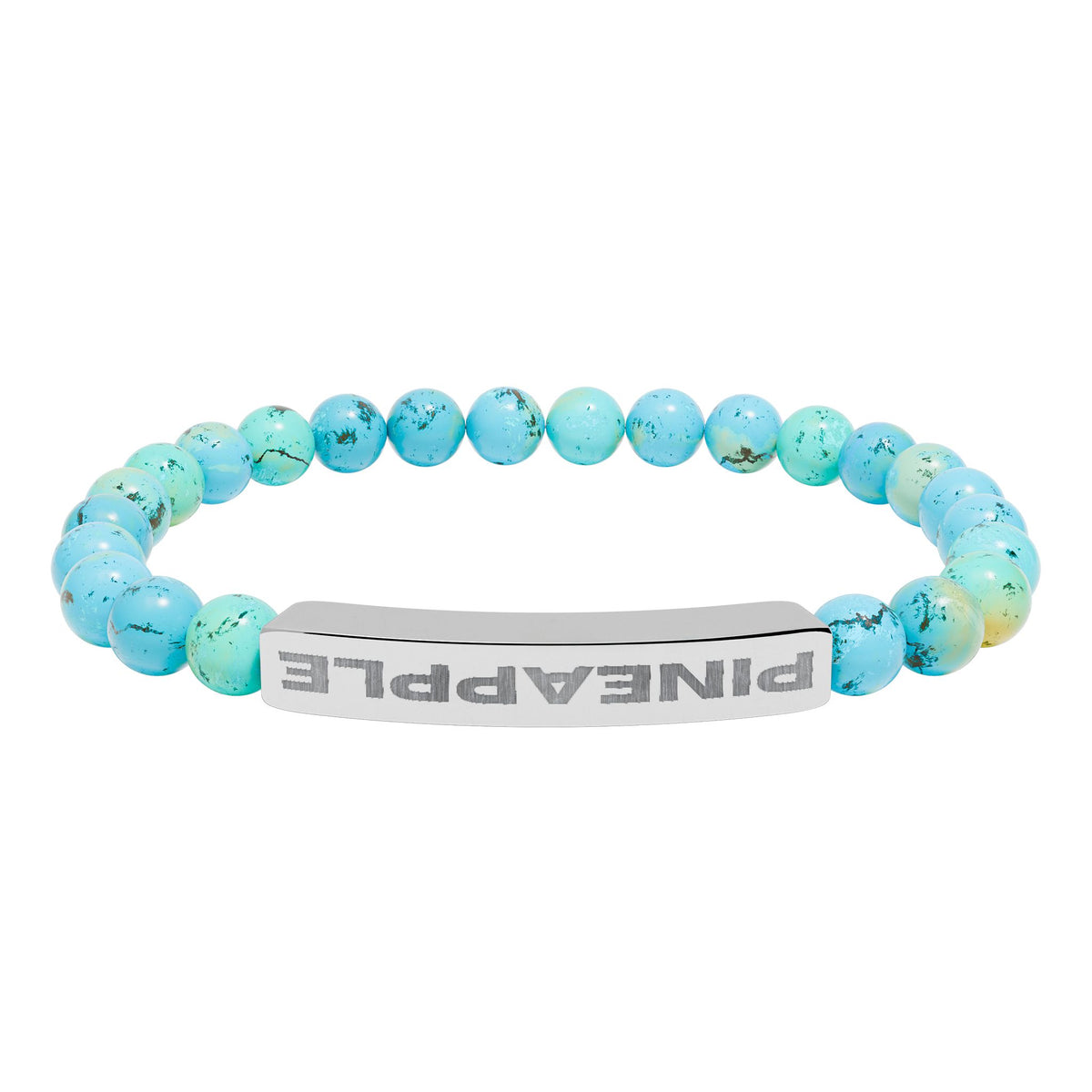 A beaded stretch bracelet featuring light blue and turquoise marbled beads with black veining, connected by a polished silver metal ID plate engraved with the word 'PINEAPPLE'.