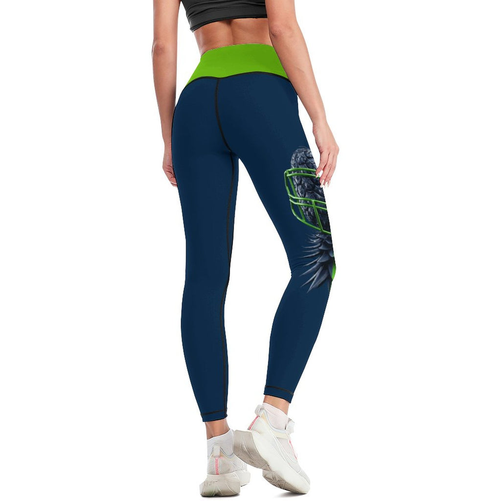 Neon Green & Navy Women’s Workout Yoga Pants with Lines | High-Waist Printed Activewear Leggings