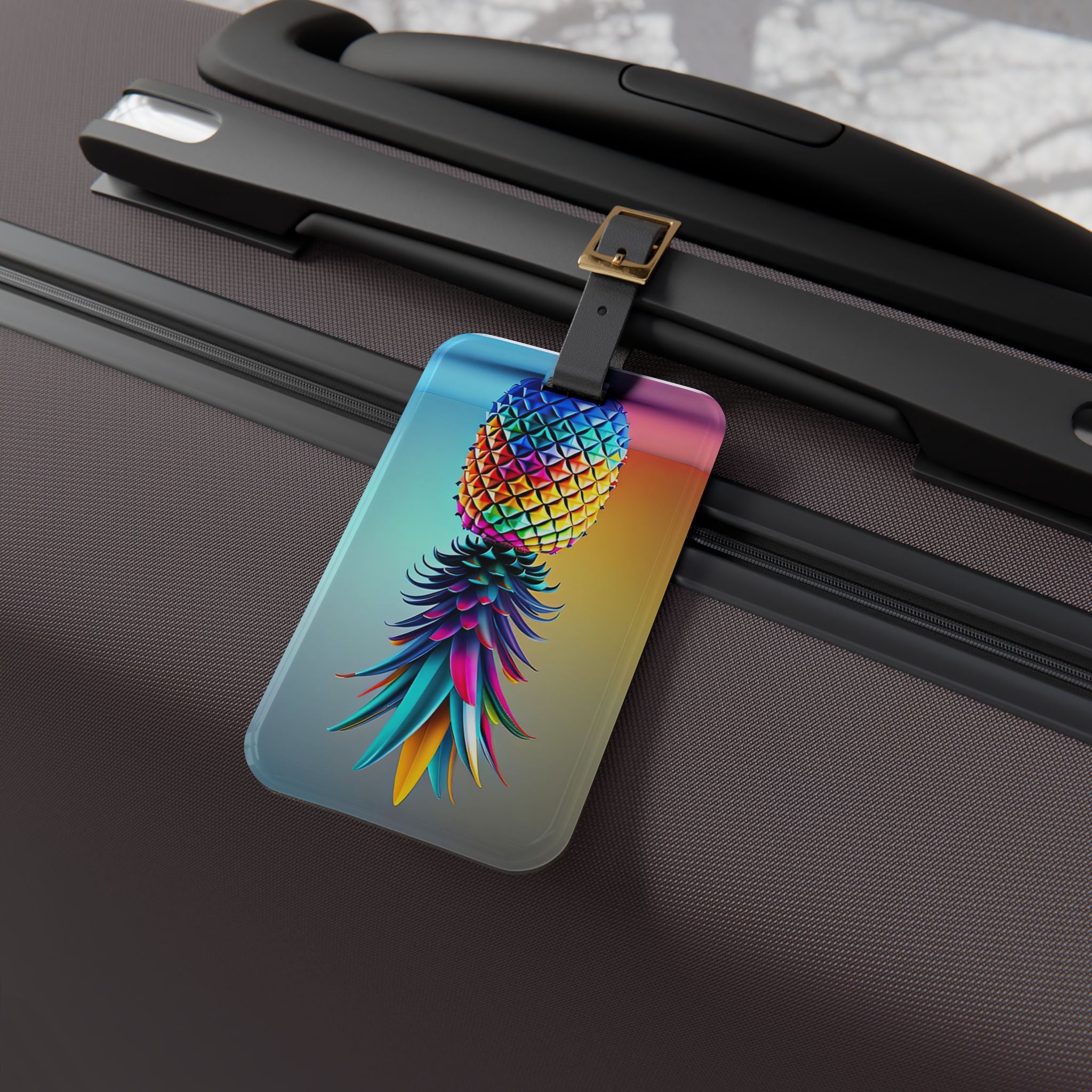 A rectangular multicolored luggage tag with a pineapple design attached to a suitcase.