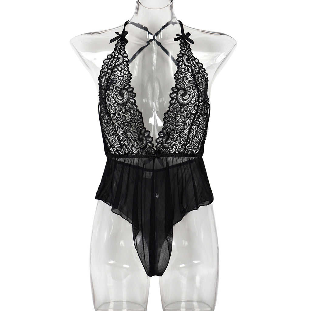 Lace V-neck Sexy Backless Black Bodysuit Teddy