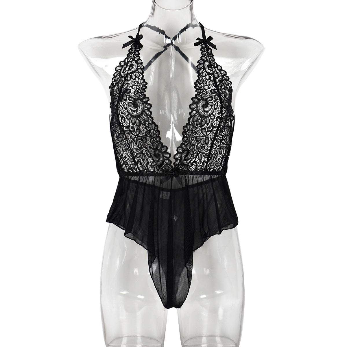 Lace V-neck Sexy Backless Black Bodysuit Teddy