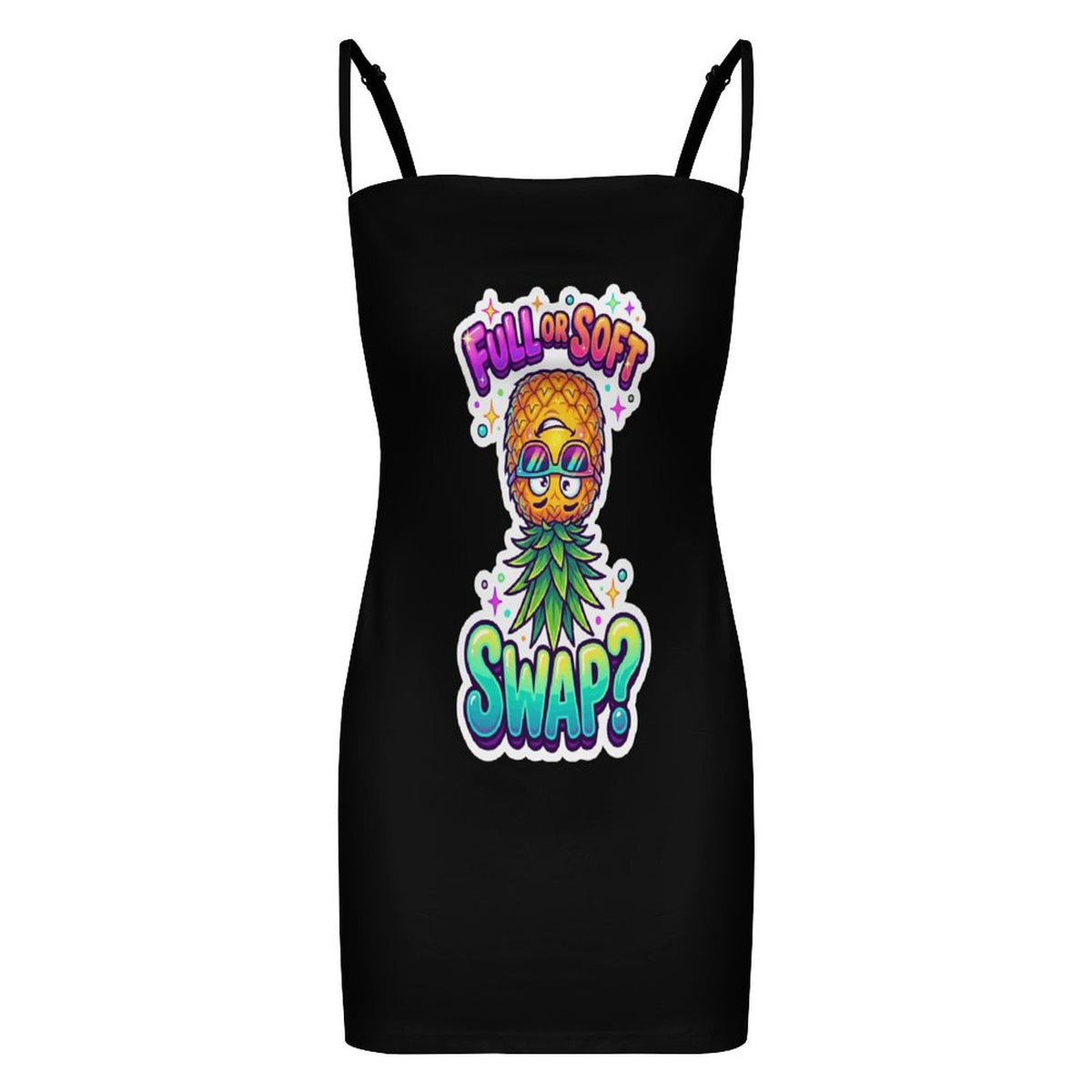 A black spaghetti-strap mini dress featuring a colorful graphic of a pineapple character with sunglasses and the text 'FULL COOL SOFT SWAP?' on the front, shown against a plain white background.