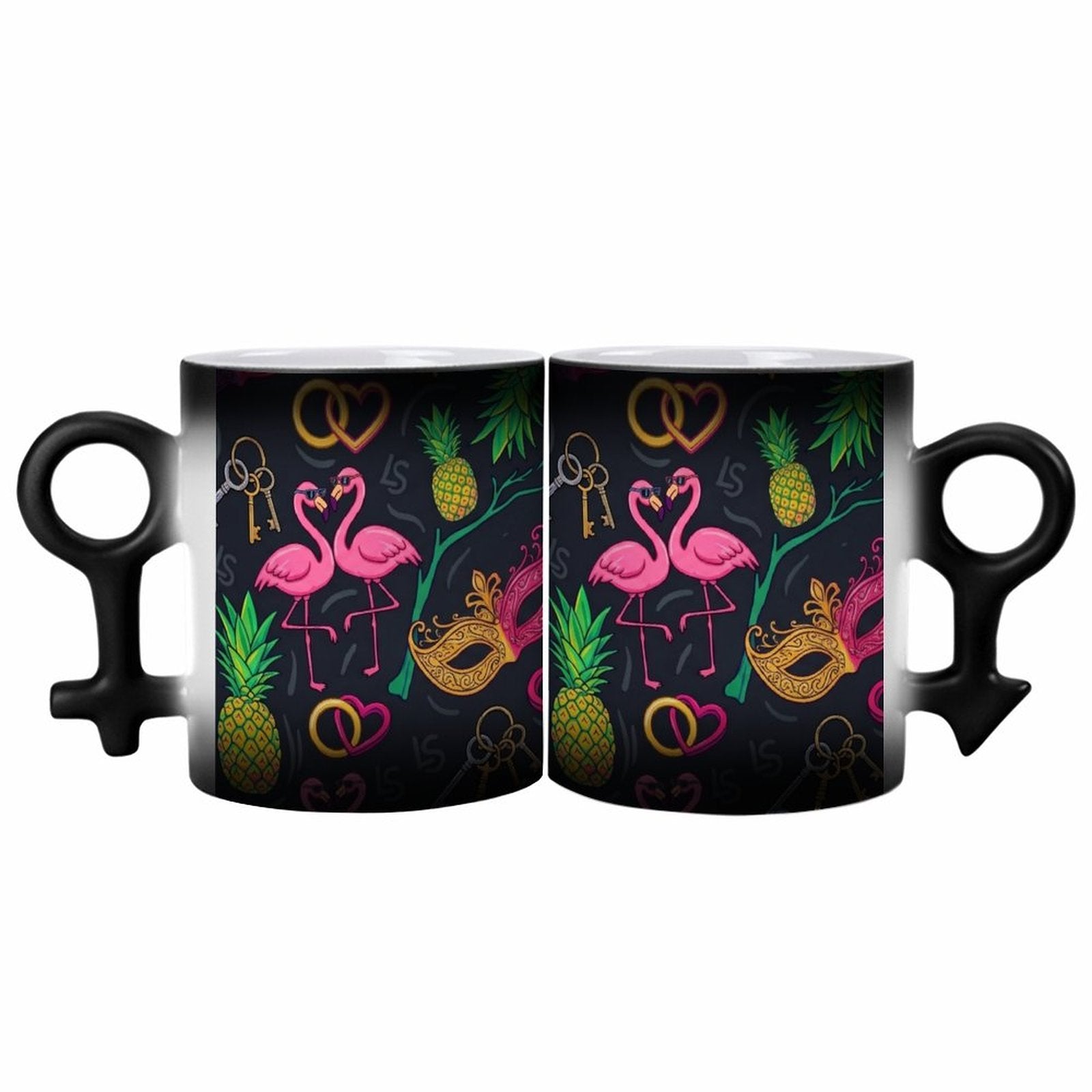 Color-changing coffee mugs with a swinger lifestyle themed graphic on it showing flamingos, pineapples and multicolored masks.