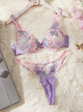 Romantic countryside style heavy industry floral embroidery splicing color blocking sexy lingerie two-piece set