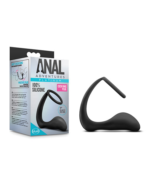 Black silicone plug with packaging labeled 'Anal Adventures' on a white background