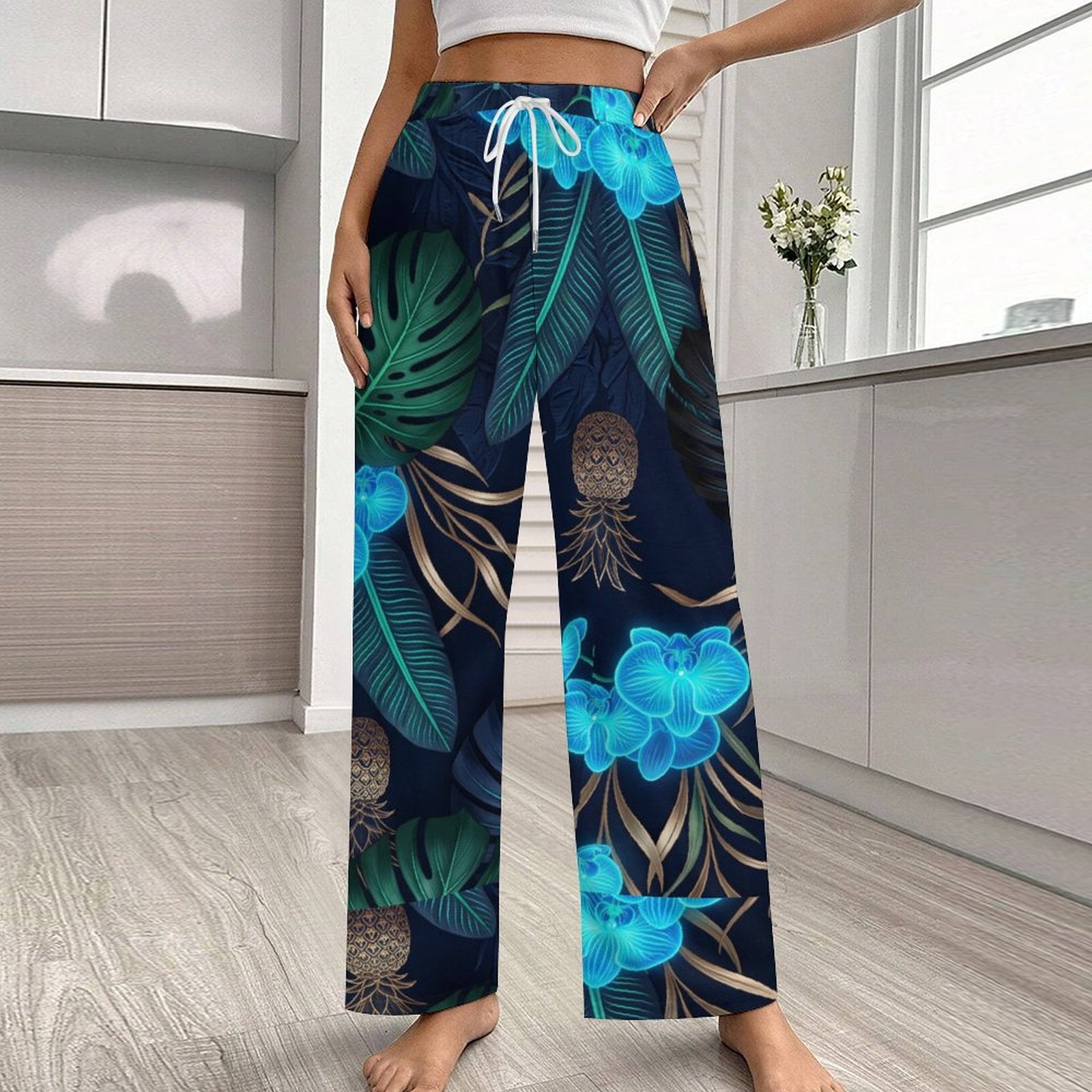 170gsm Faux Cotton Drawstring Women Wide Leg Pajamas Pants(All-Over Printing)