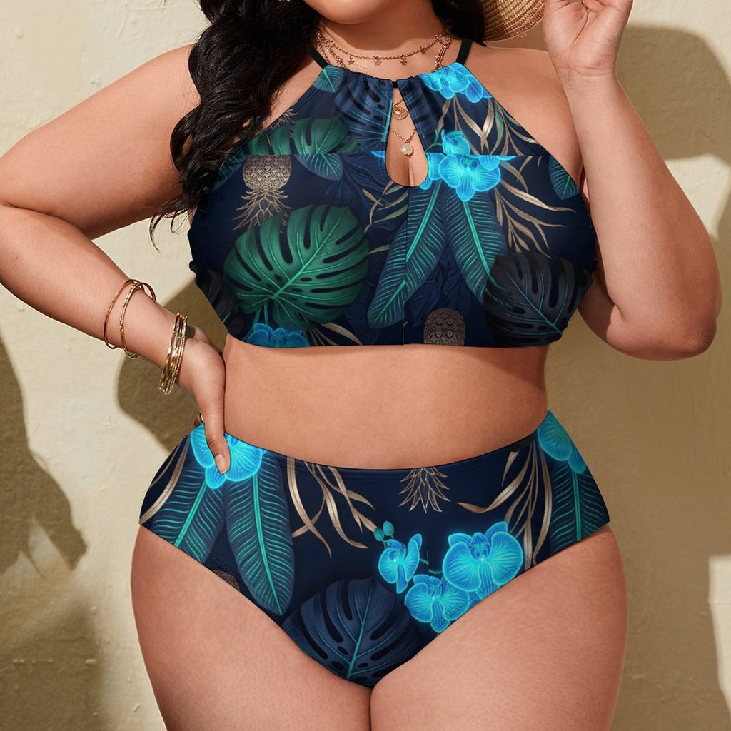 Plus Size Women's Two piece Swimsuit with High Neck Halter Top(All-Over Printing)