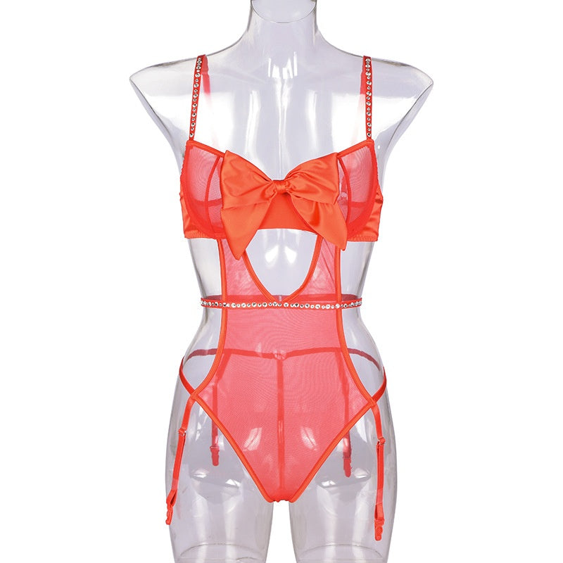 Style Splicing Red Bowknot One-Piece Clothing with Rhinestone Embellishment