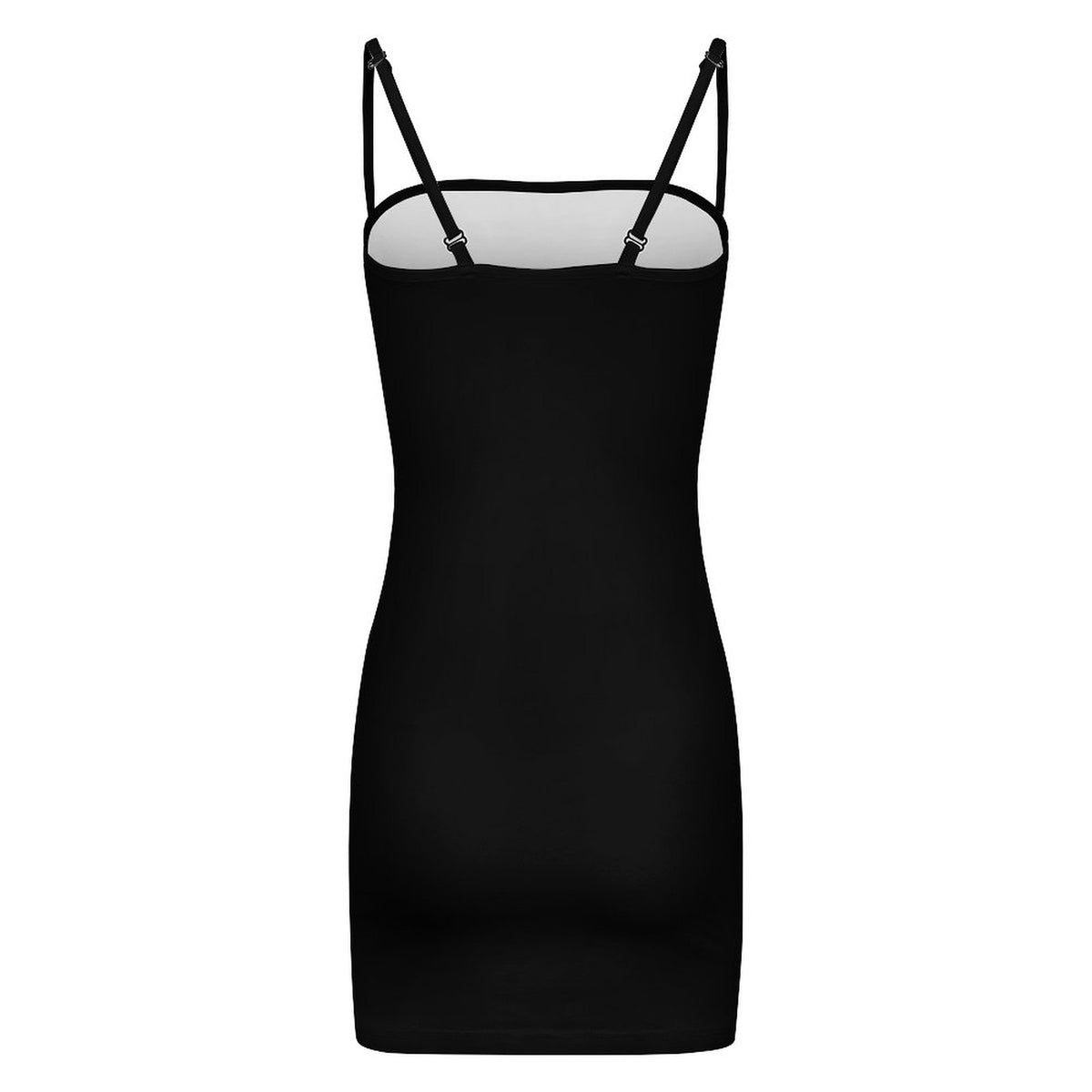 A black bodycon slip dress with thin shoulder straps and a square neckline, shown against a plain white background.
