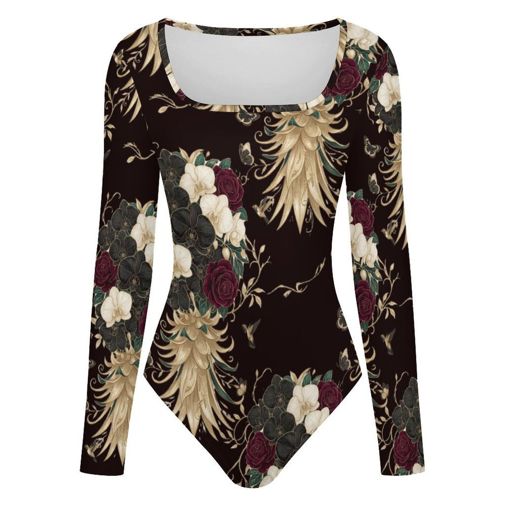 Square Floral Pineapple Long Sleeve Jumpsuit | Women’s Bodysuit