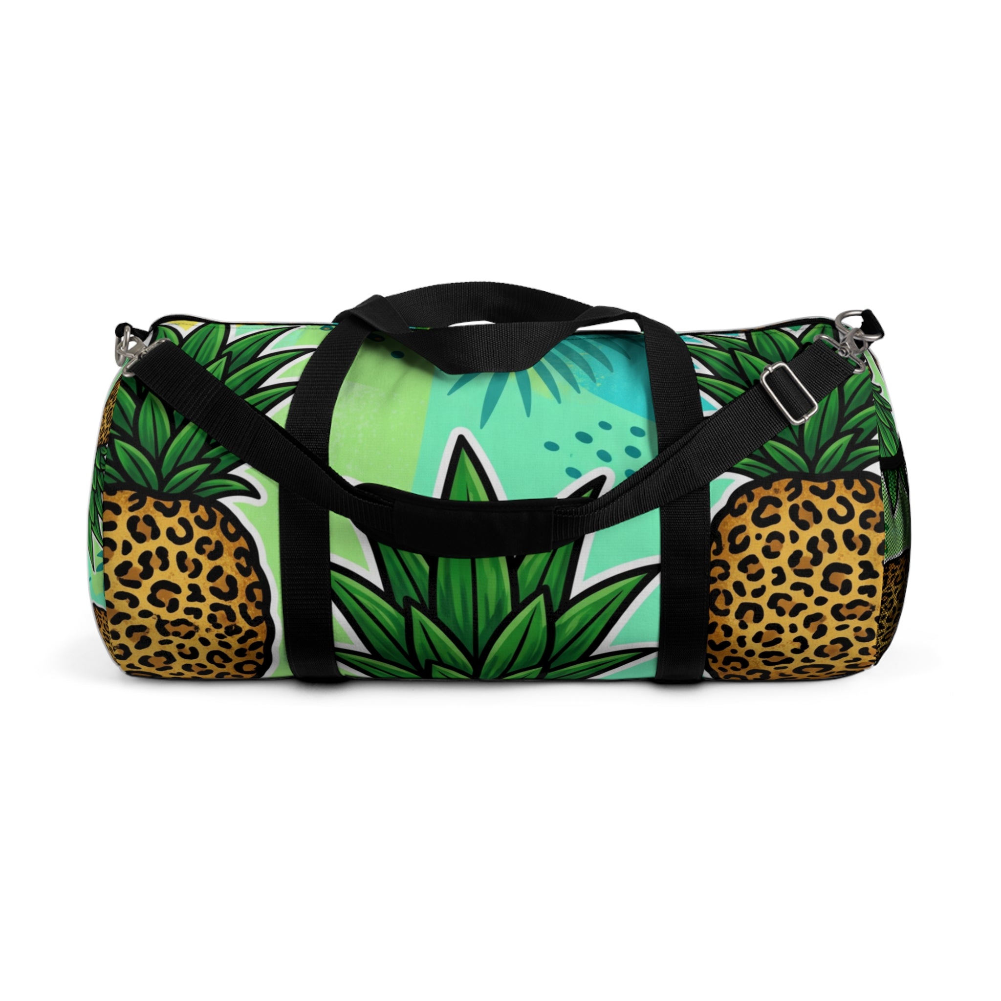 Tropical Pineapple Duffel Bag | Leopard Print Palm Travel Gym Bag with Mesh Pocket & Adjustable Strap