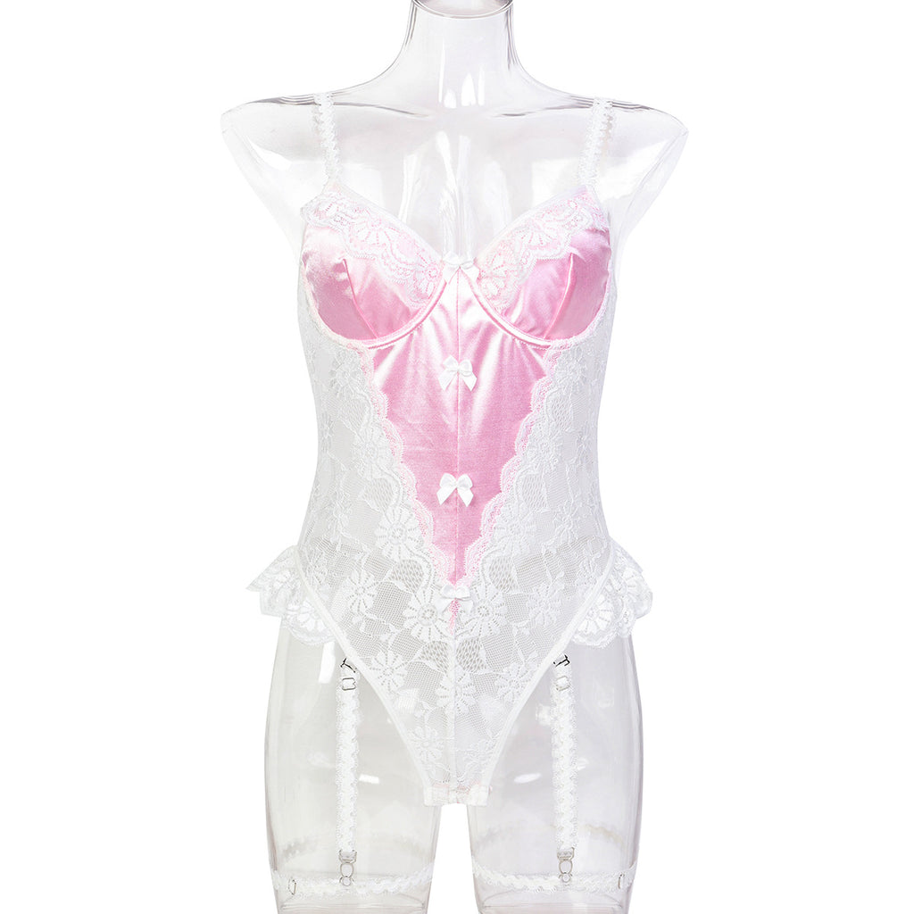 Lace Jacquard White and Pink Splicing Bowknot Cute Dressing Single Layer Non-Transparent European and American Sexy Romper for Women