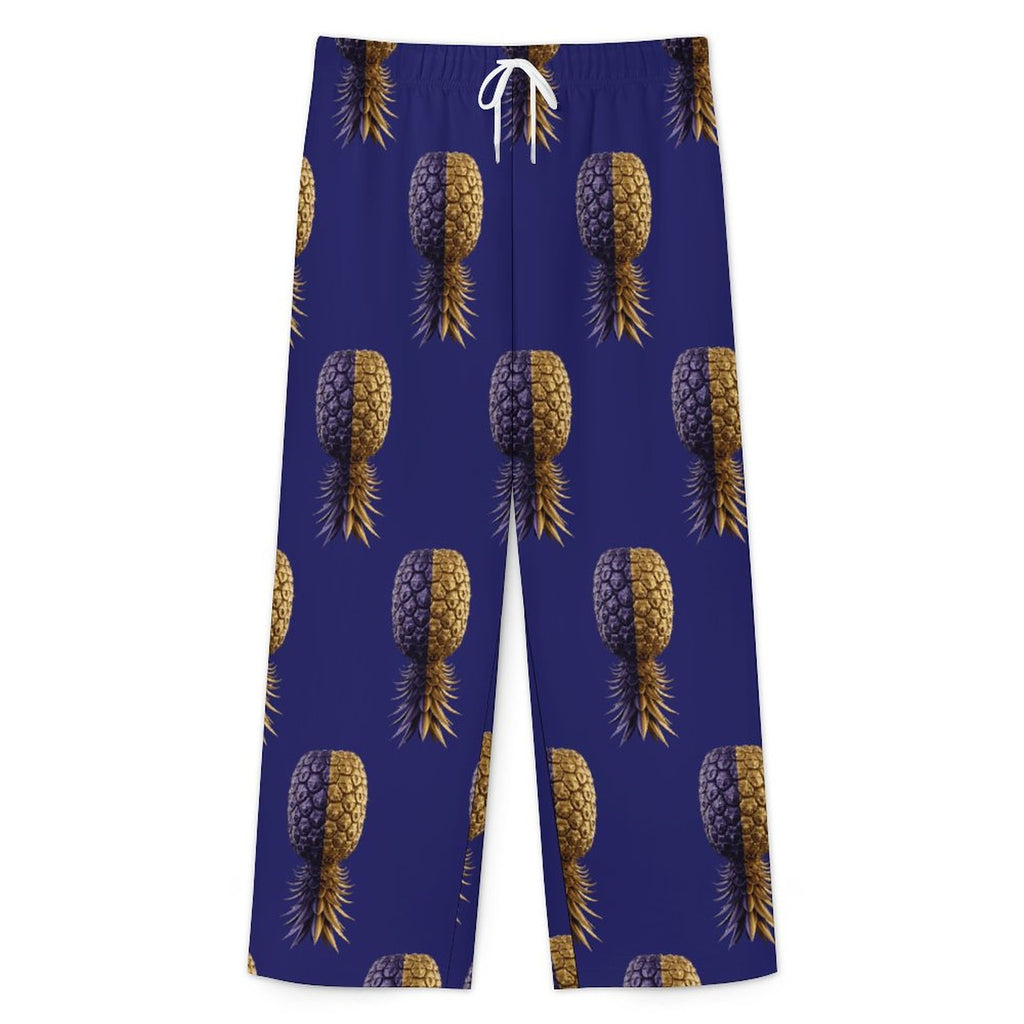 Football Purple & Gold Pineapple Drawstring Wide Leg Casual Pants