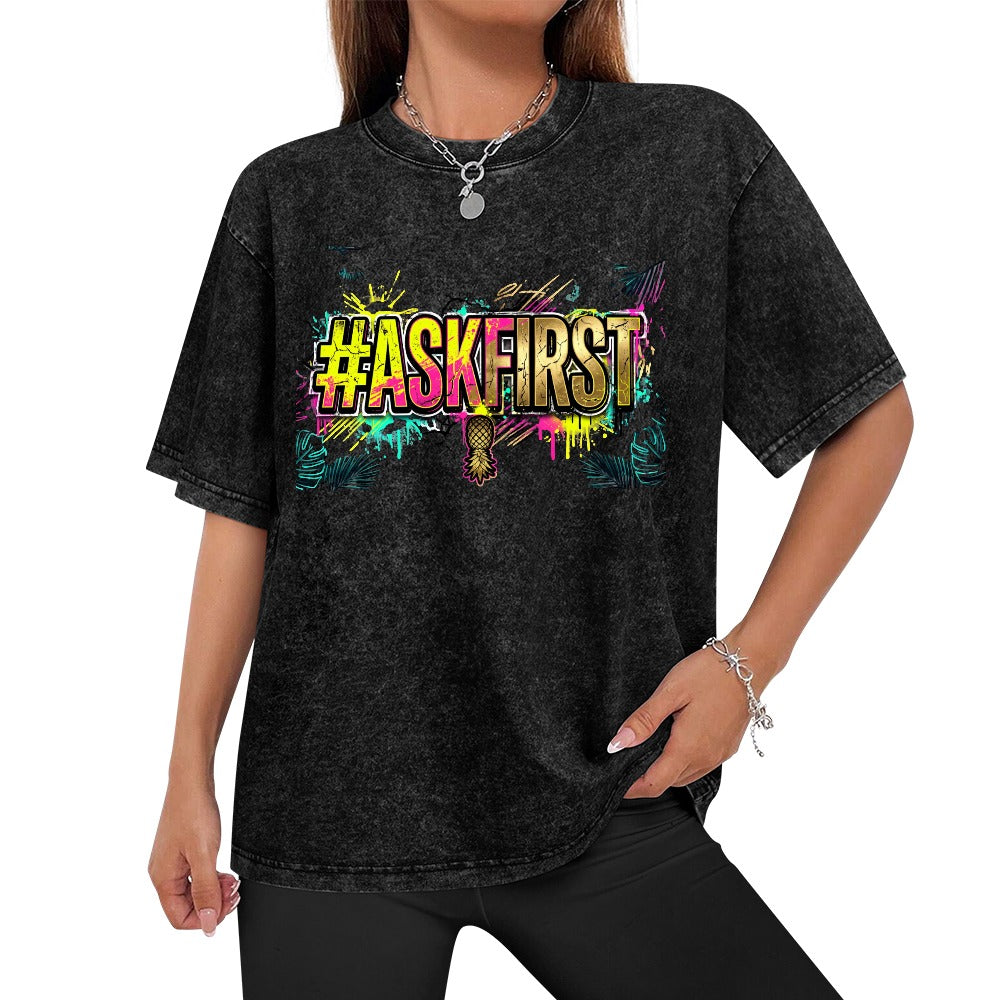 #ASKFIRST Vintage Wash Off Shoulder T-Shirt – Soft Cotton Short Sleeve Summer Top, Casual Chic Loose Fit Tee