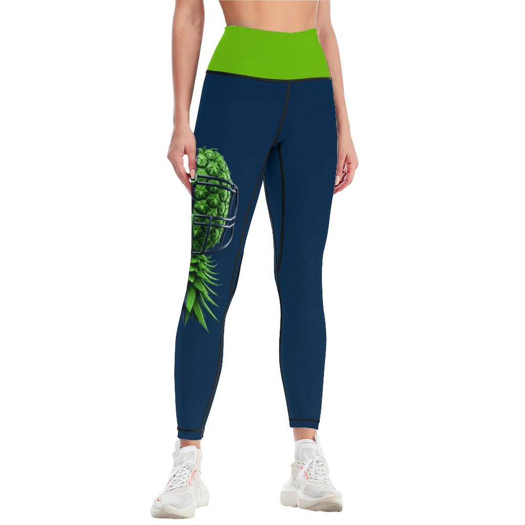 Neon Green & Navy Women’s Workout Yoga Pants with Lines | High-Waist Printed Activewear Leggings