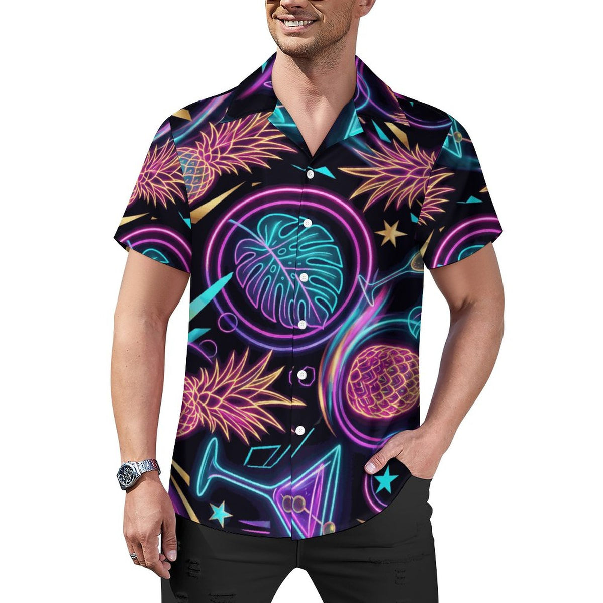 Neon Tropical Cotton Cuban Collar Shirt for Men | 100% Cotton Resort Button-Up