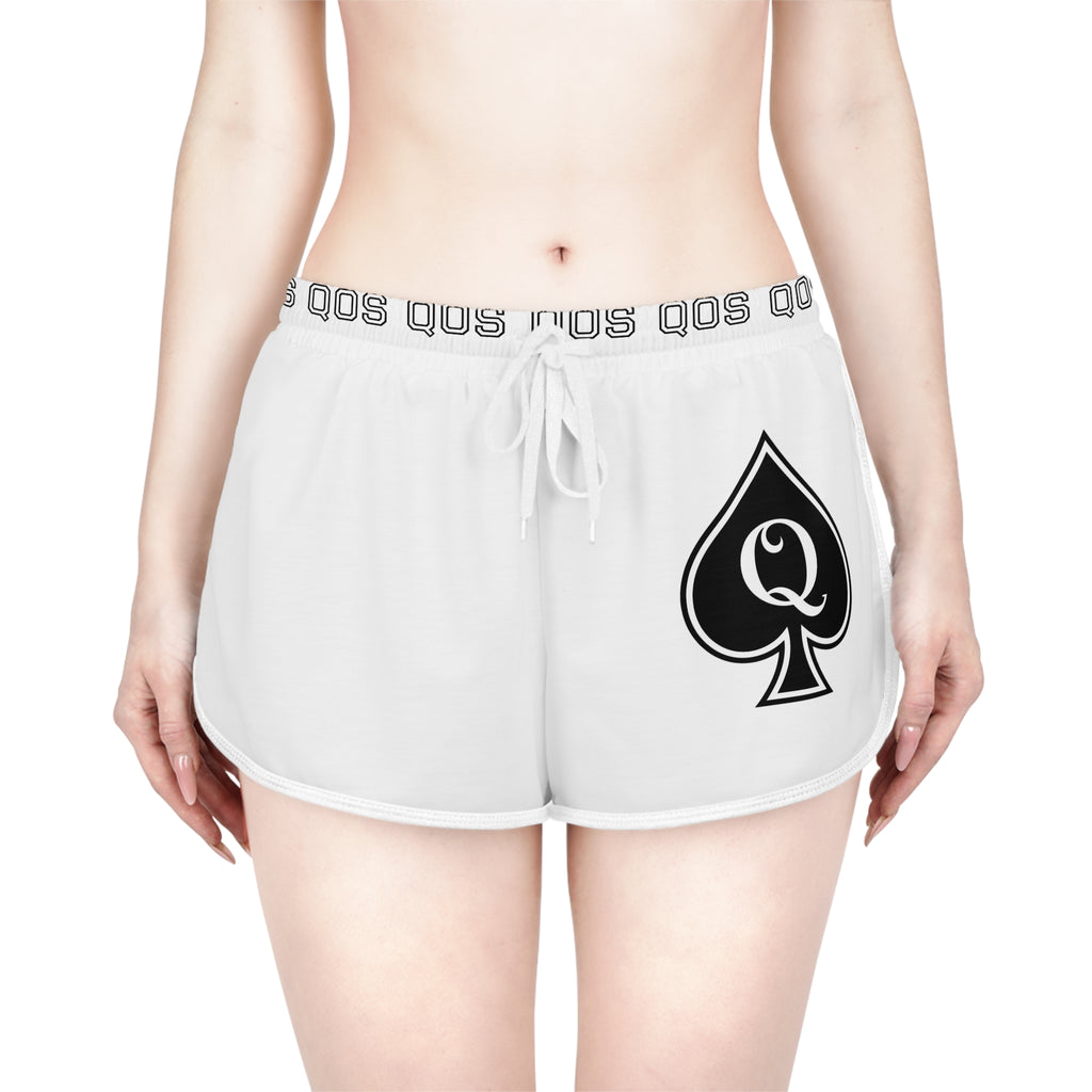 White shorts with a black spade symbol and 'Q' on a white background