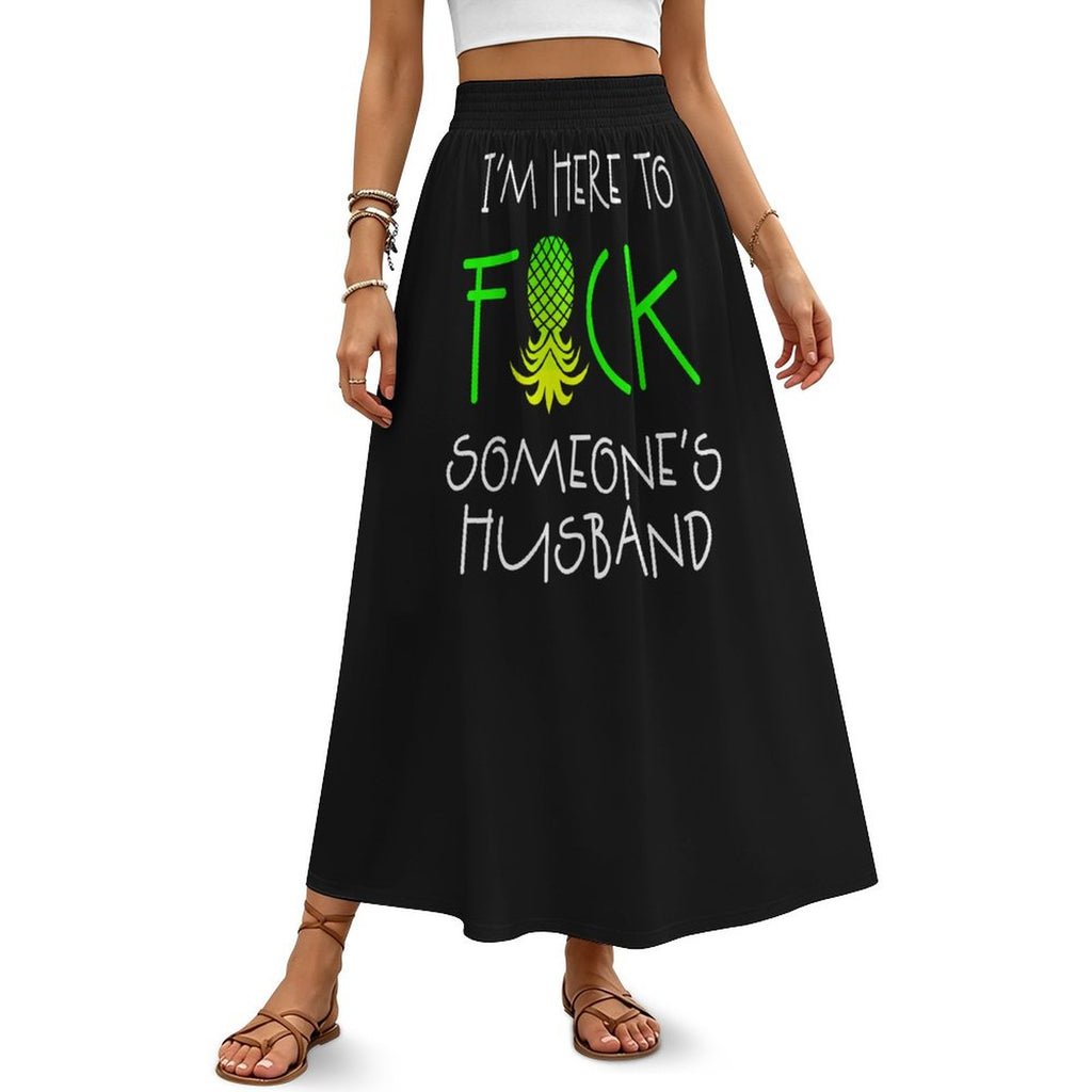 Black skirt with graphic text worn by a person on a white background