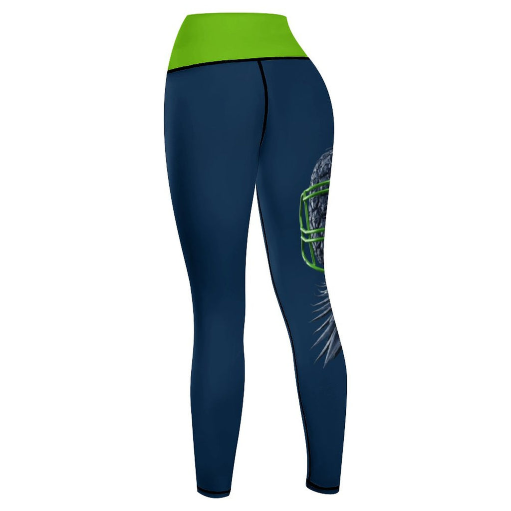 Neon Green & Navy Women’s Workout Yoga Pants with Lines | High-Waist Printed Activewear Leggings