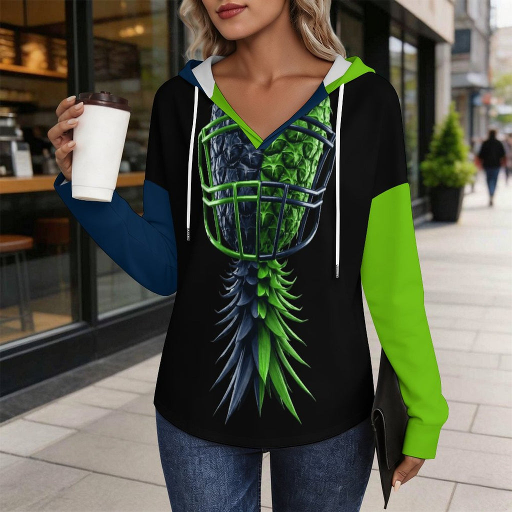 Neon Green & Navy Women's V Neck Long Sleeve Hoodie