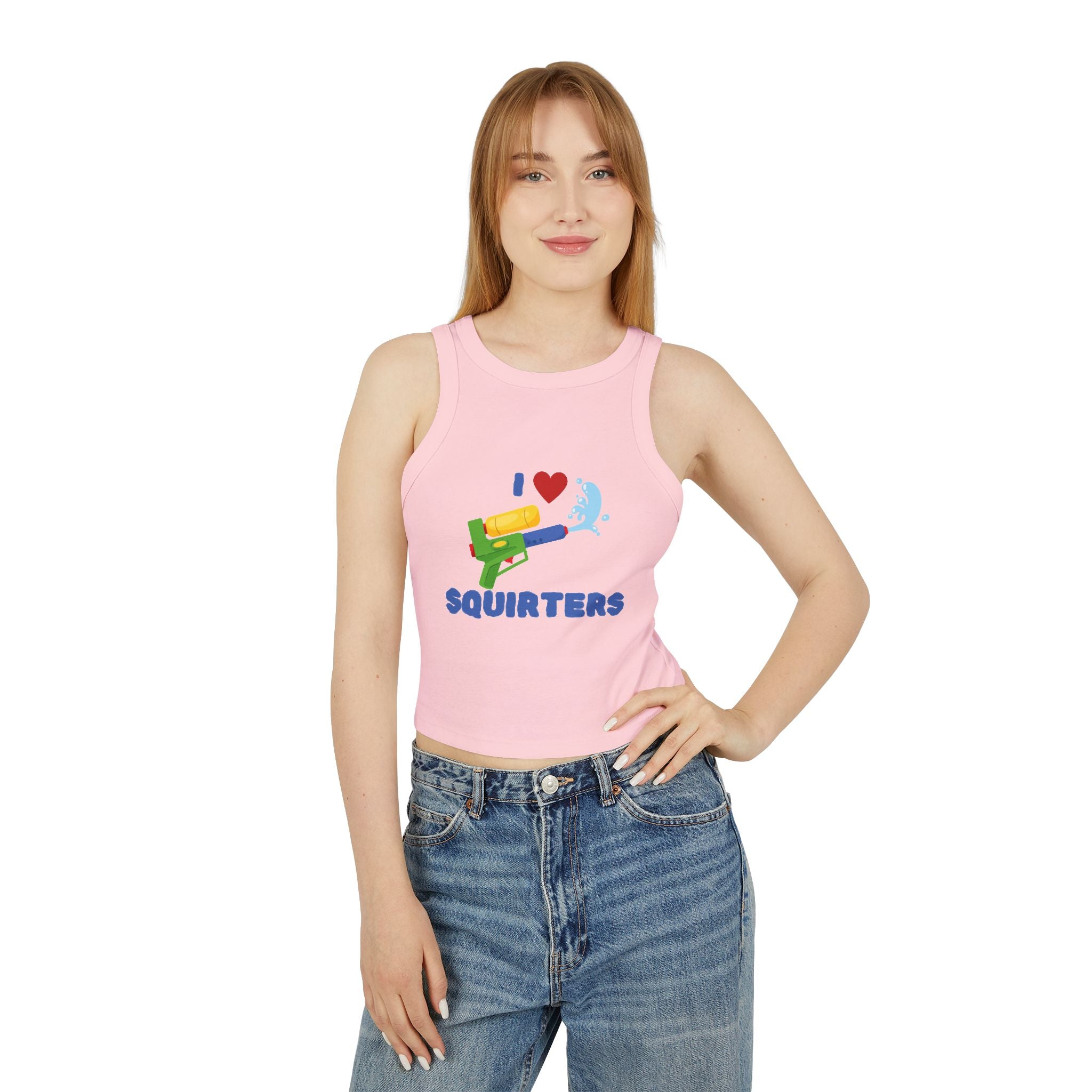 I Love Squirt Guns Women's Racer Tank Top, Summer Crop Top, Funny Water Gun Shirt, Beach Wear, Gift for Water Party