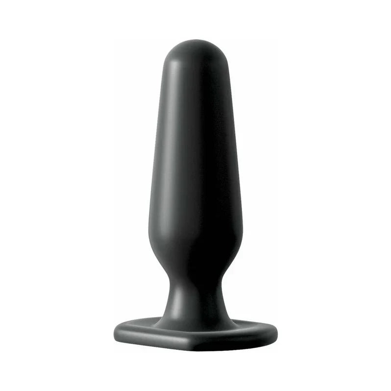 Black silicone butt plug on a white background
