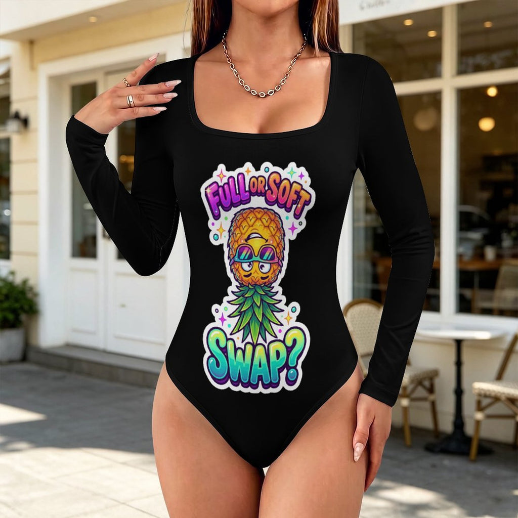 A woman modeling a black long-sleeve bodysuit with a colorful pineapple graphic and the text 'FULL OR SOFT SWAP?' in a cafe setting.