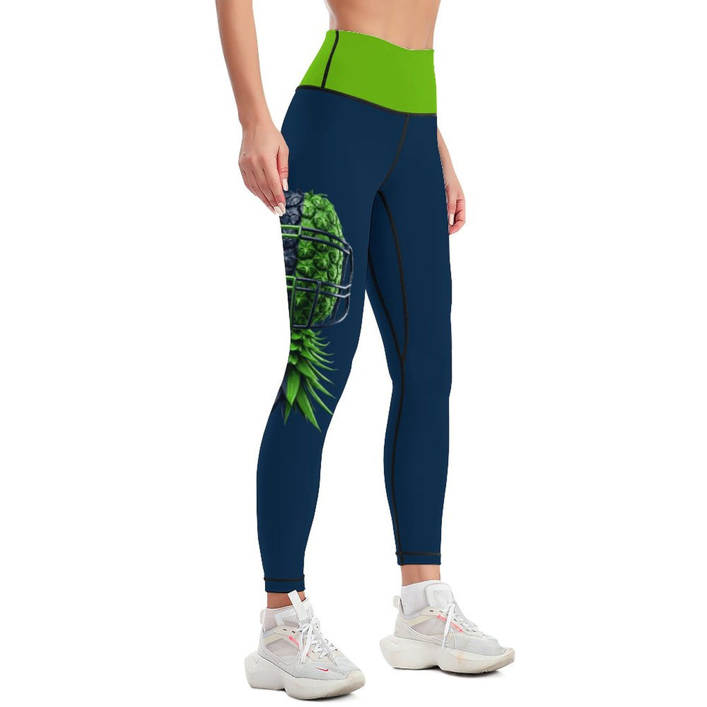 Neon Green & Navy Women’s Workout Yoga Pants with Lines | High-Waist Printed Activewear Leggings