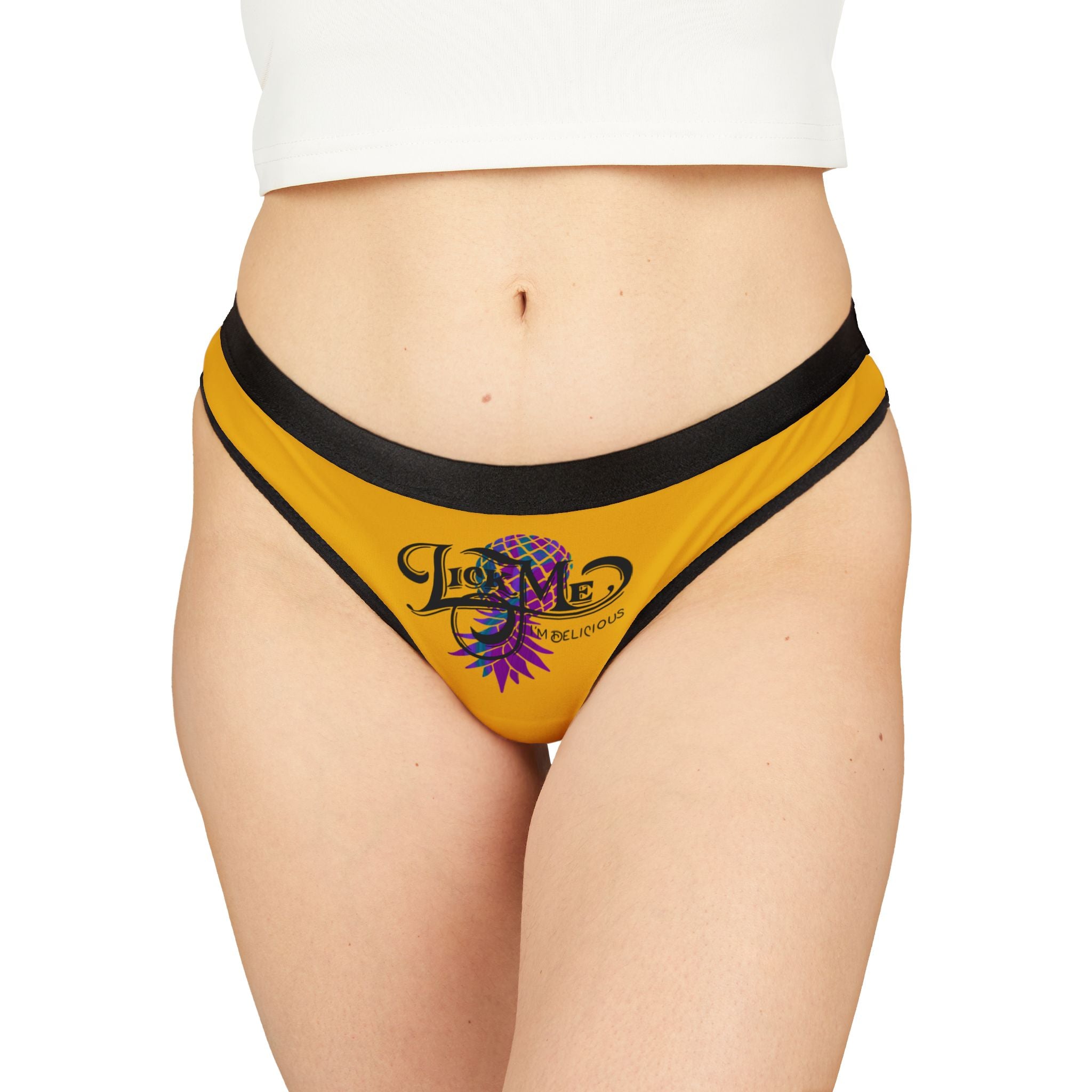 Yellow underwear with black waistband featuring a logo on a white background
