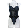 Vintage Print Mesh and PU Leather Cross-Tie Bow Fitted Jumpsuit Irregular Strap