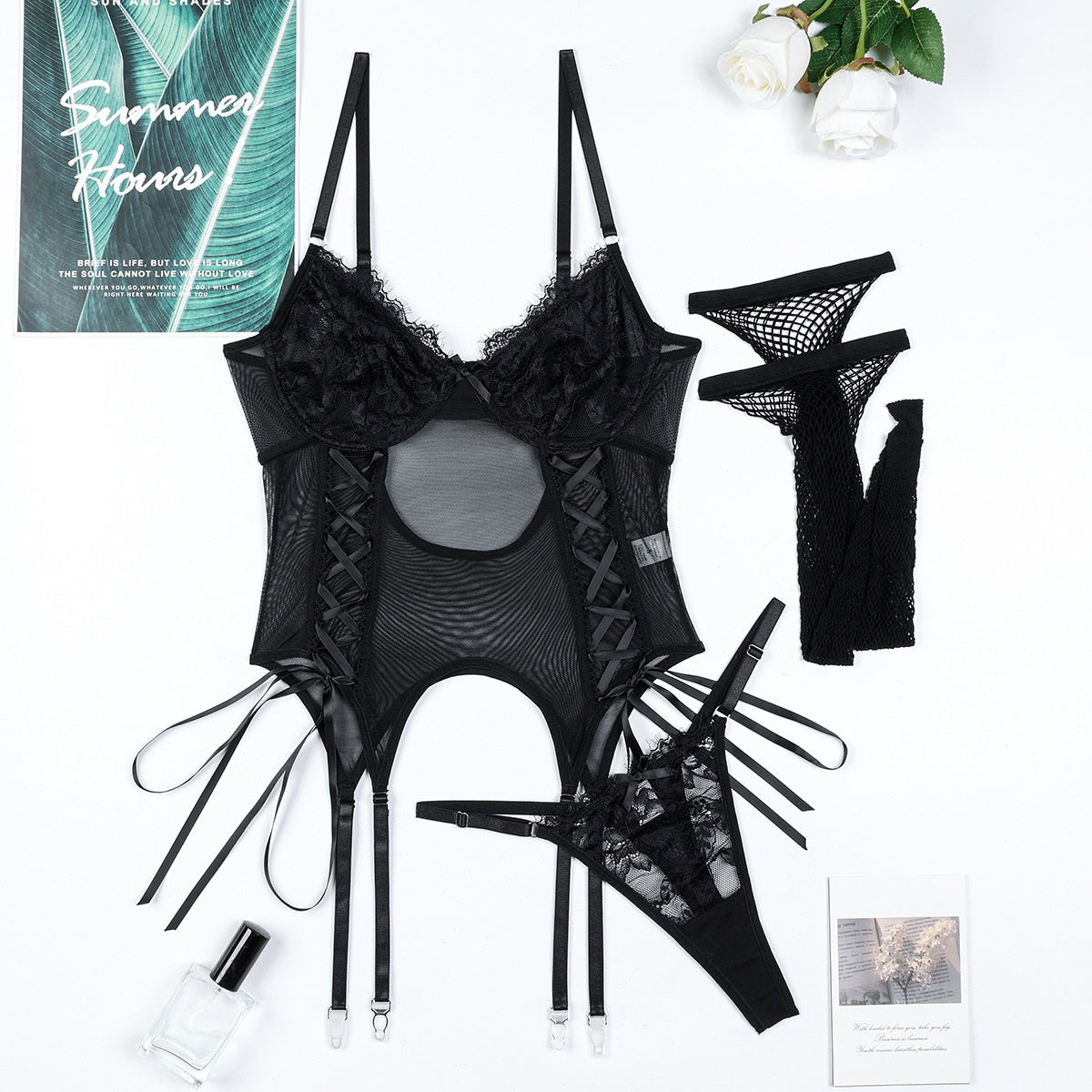 European and American Style Sexy Lingerie Lace Splicing Strap Bow Net Sheer Suspender Two-Piece Stockings