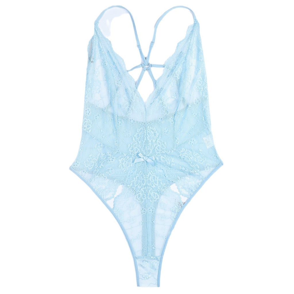 Light Blue French Lace Underwear Sexy V-Neck Halter Back Hollow Out Sheer Bodysuit