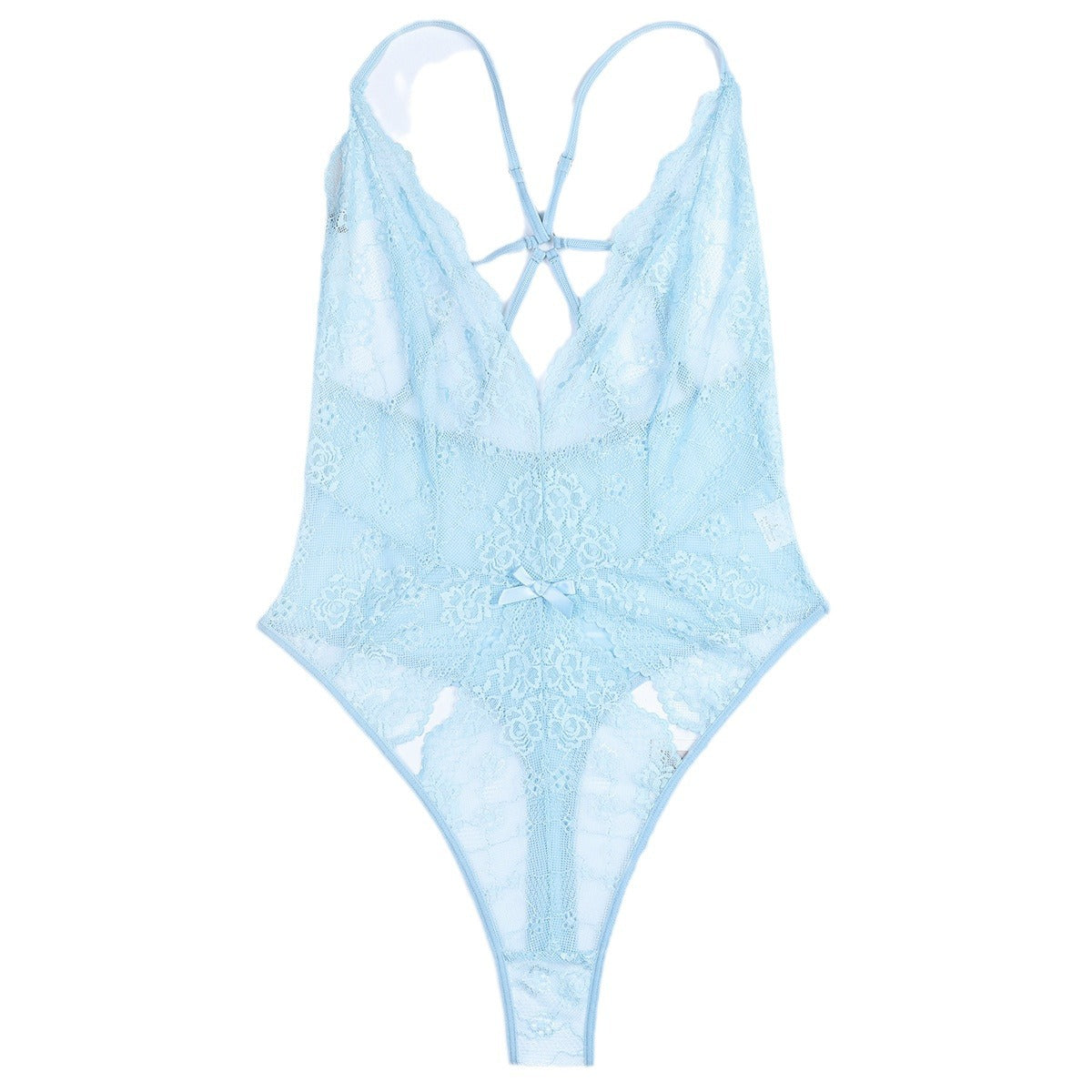 Light Blue French Lace Underwear Sexy V-Neck Halter Back Hollow Out Sheer Bodysuit
