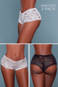 Three-pack of lace panties on a neutral background