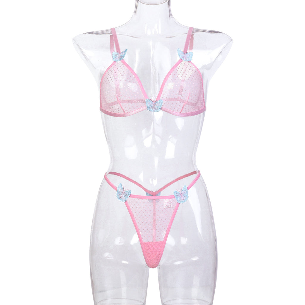 Style Pink Two-Piece Set Butterfly Embroidery Lingerie