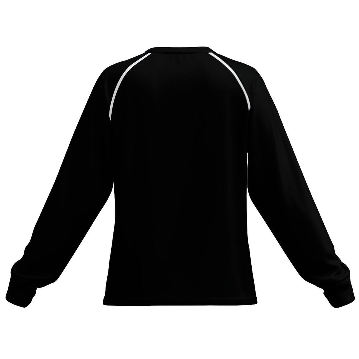 Black long-sleeve athletic top with white contrast piping along the shoulders, shown from the back on a plain white background.