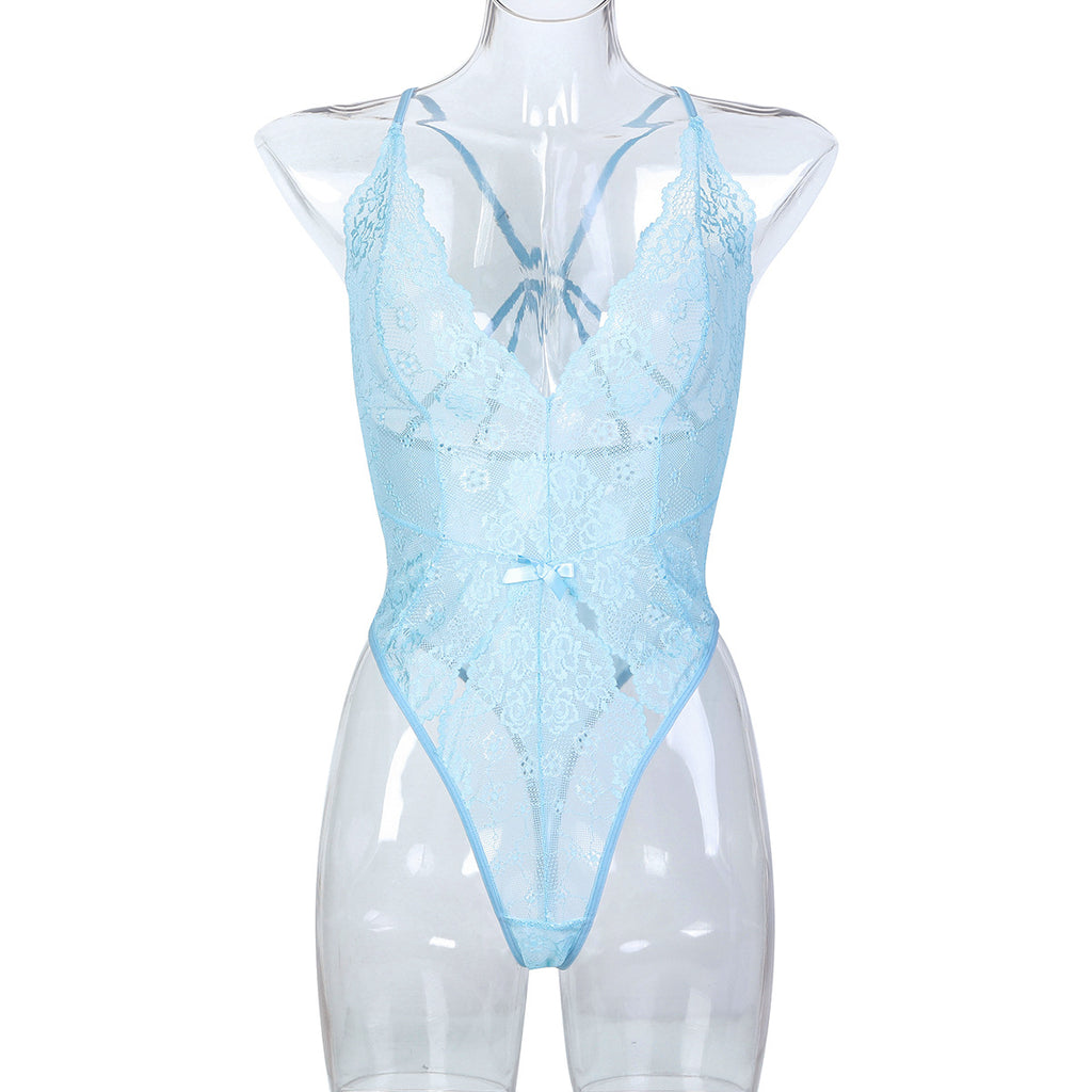 Light Blue French Lace Underwear Sexy V-Neck Halter Back Hollow Out Sheer Bodysuit