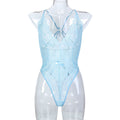 Light Blue French Lace Underwear Sexy V-Neck Halter Back Hollow Out Sheer Bodysuit