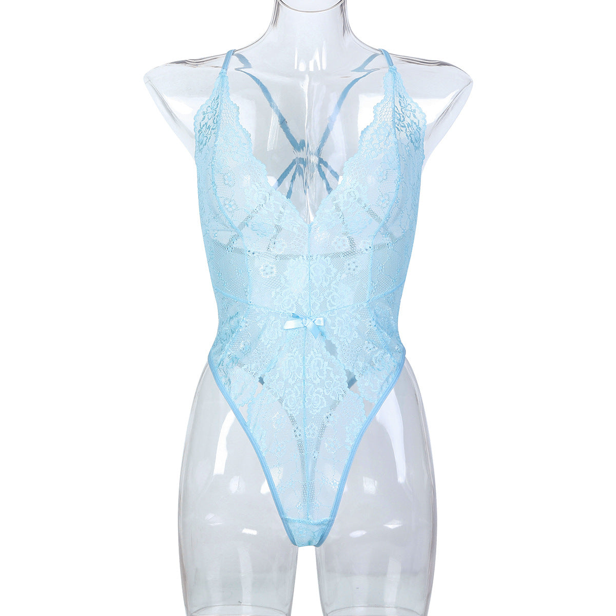 Light Blue French Lace Underwear Sexy V-Neck Halter Back Hollow Out Sheer Bodysuit