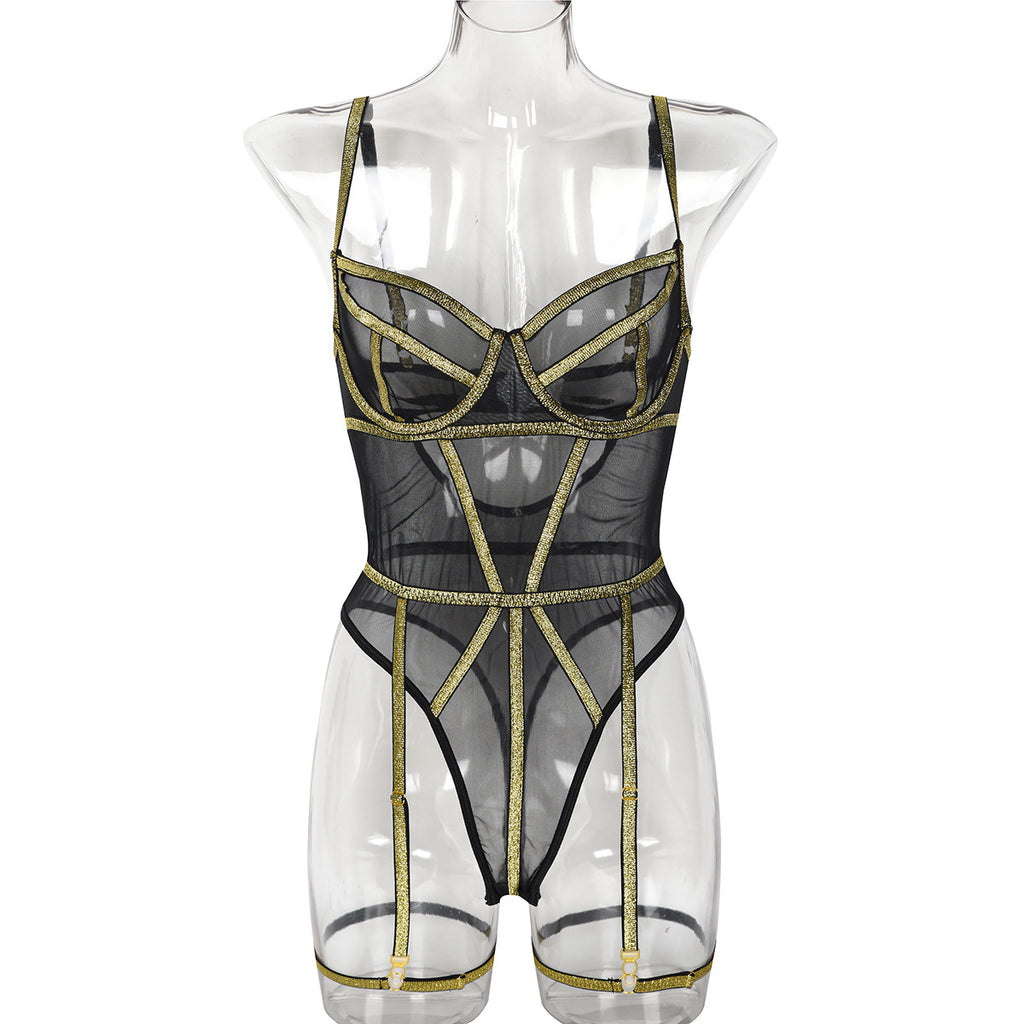 Lingerie  Style Sexy Underwear Bodysuit Golden Silk Elegant Lines Lace Splicing Girl's Strapless Top