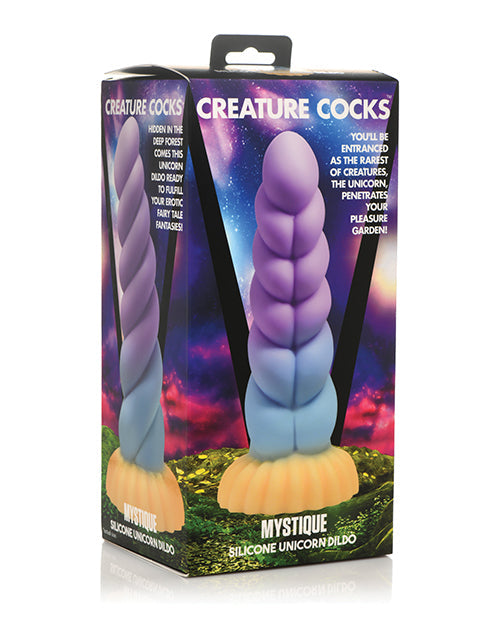 Mystique silicone unicorn dildo packaging with colorful design