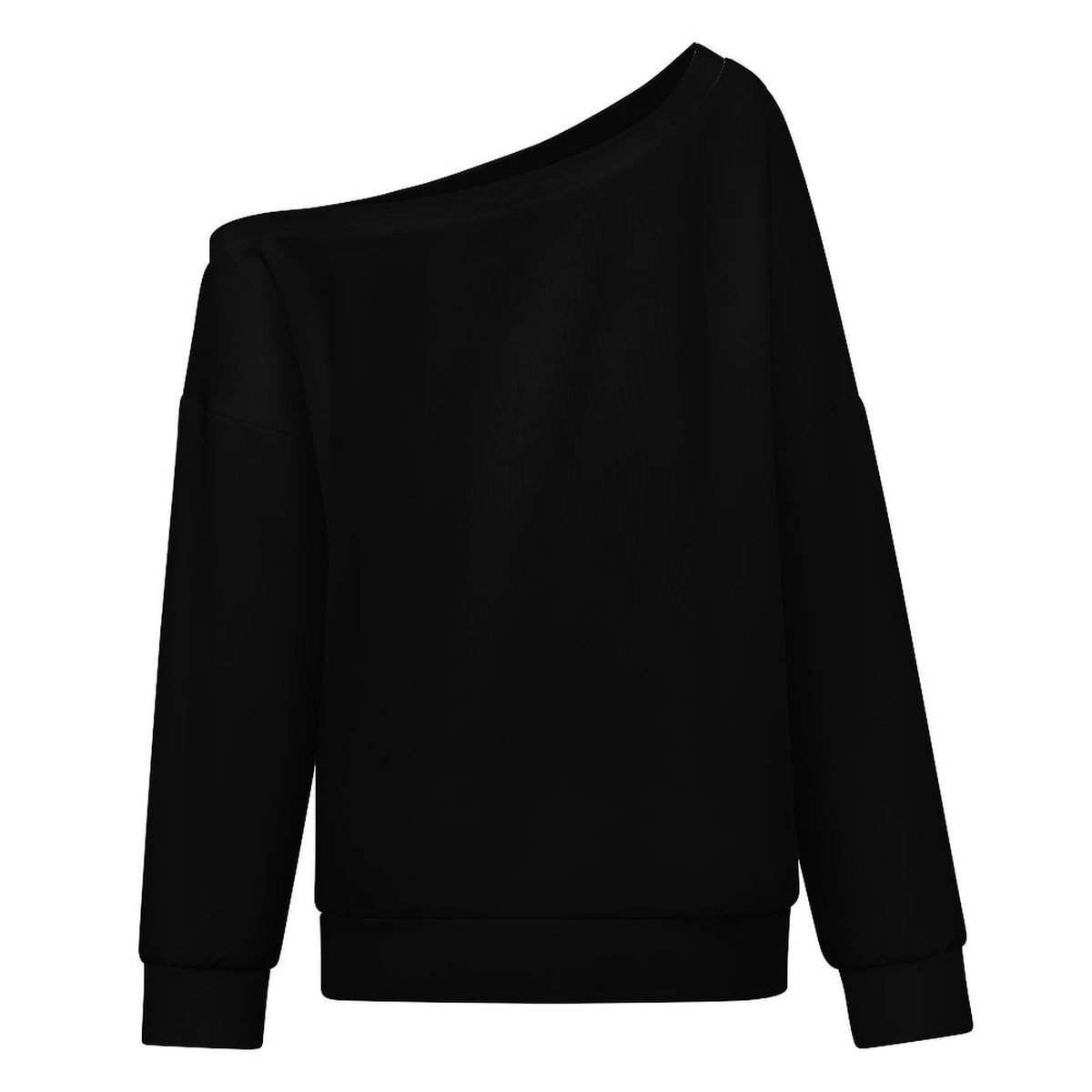 A dark brown long-sleeve top with an all-over small white geometric pattern, featuring an asymmetrical diagonal neckline and ribbed cuffs and hem, shown on a plain white background.