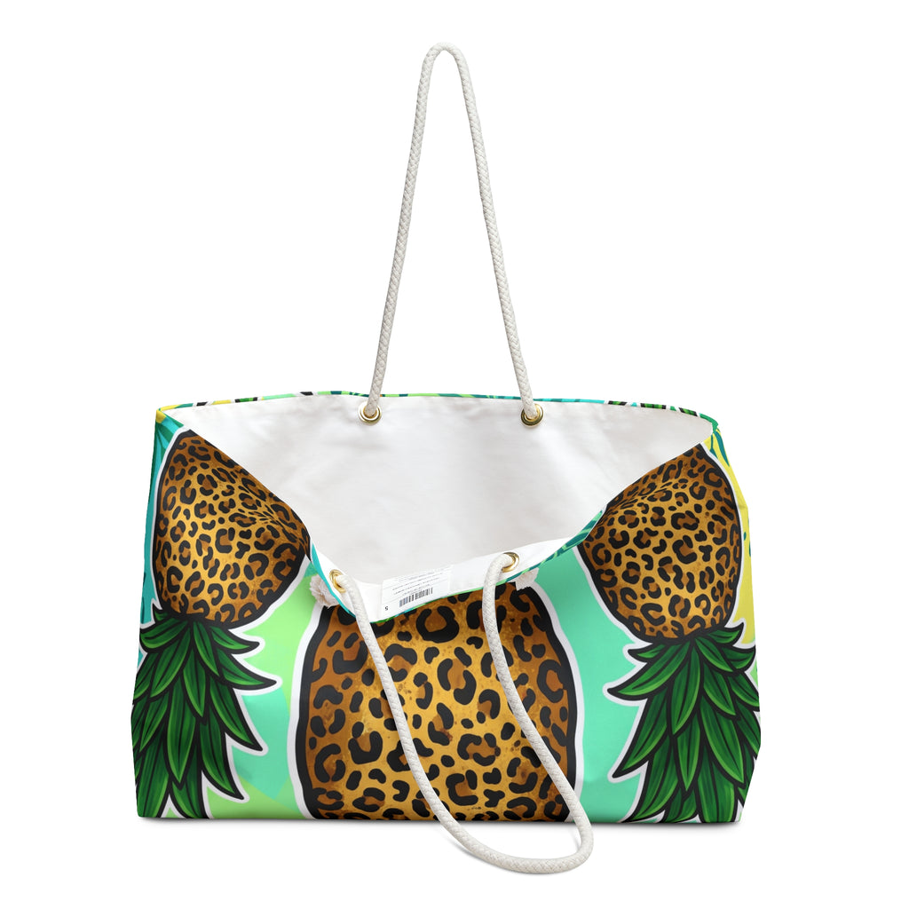 Tropical Leopard Pineapple Weekender Bag | Bright Green Beach Tote with T-Bottom & Rope Handles