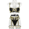 Lingerie Style Sexy Set with Gold and Silver Striped PU Leather Splicing for Women